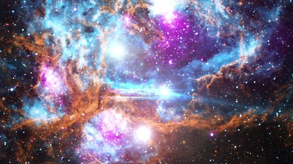 Wall Mural - Space flight to purple nebula, 3D animation with moving stars rotating field and light flares cluster burst. Contains public domain image by NASA