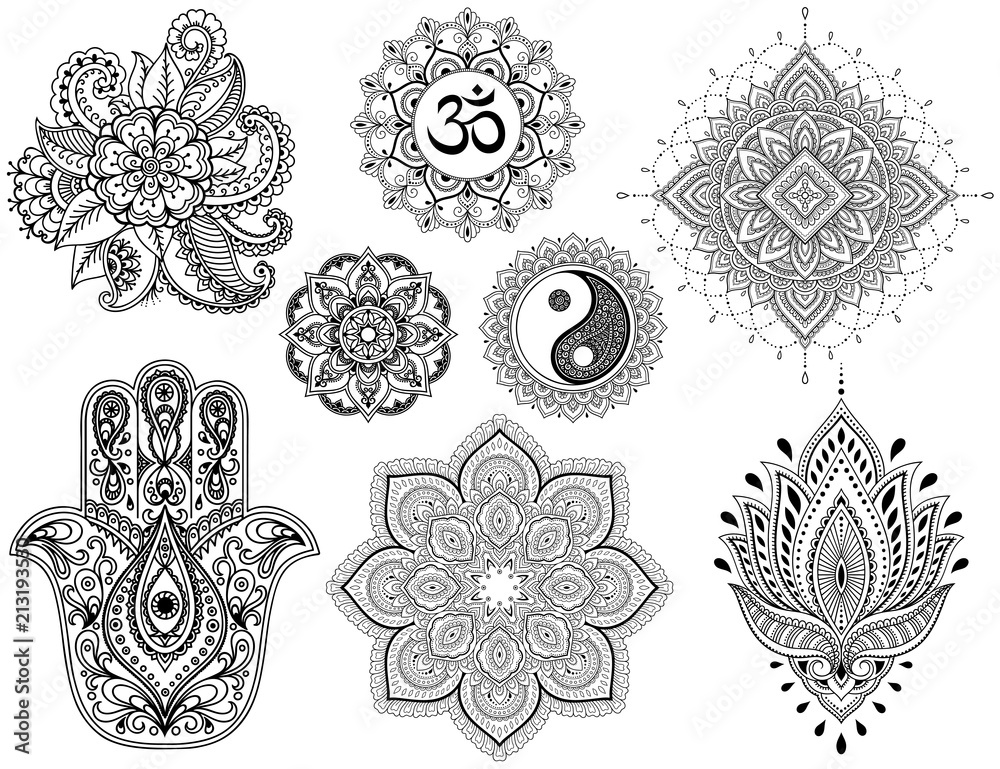 Big set of Mehndi flower pattern, mandala, mantra OM, Yin-yang symbol and Hamsa for Henna drawing and tattoo. Decoration in ethnic oriental, Indian style. - obrazy, fototapety, plakaty 