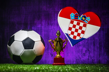 Croatia flag, golden champion’s cup and soccer ball.Concept sport.