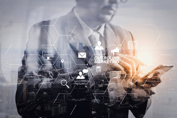 Poster - Double exposure of success businessman using smart phone with London building,city,front view,filter effect