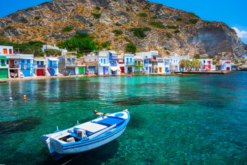 Wall Mural - Scenic Klima village (traditional Greek village by the sea, the Cycladic-style) with sirmata - traditional fishermen's houses, Milos island, Cyclades, Greece.