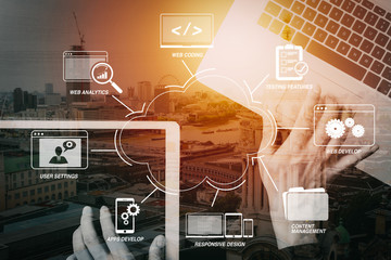 cyber security internet and networking concept.Businessman hand working with  laptop computer and digital tablet background with buildings exposure