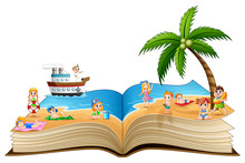 Open Book With Group Of Happy Children On The Beach