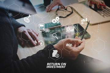 Aufkleber - Business team meeting present. Photo professional investor working with new startup project. Finance managers meeting.Digital tablet laptop computer design smart phone using. Blurred background