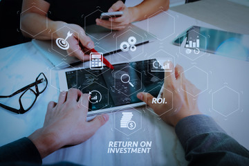 Aufkleber - Business team meeting present. Photo professional investor working with new startup project. Finance managers meeting.Digital tablet laptop computer design smart phone using. Blurred background