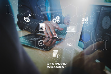 Aufkleber - Business team meeting present. Photo professional investor working with new startup project. Finance managers meeting.Digital tablet laptop computer design smart phone using, Sun flare effect