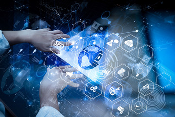 Aufkleber - top view of businessman hand working with modern technology and digital layer effect as business strategy concept