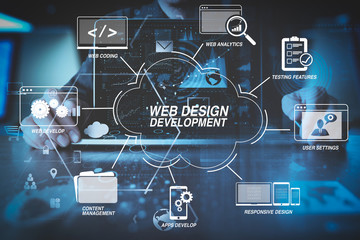 businessman hand working with modern laptop computer in modern office with virtual icon diagram