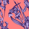 Iris flowers seamless pattern. Hand drawn ink illustration. Wallpaper or fabric design.