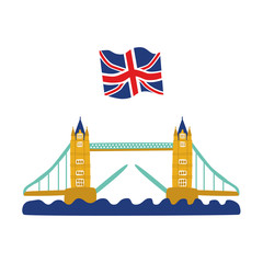 vector flat Tower Bridge of London, union jack flag icon. United kingdom, great britain, national english traditional symbol, architecture landmark building. Isolated illustration on white background