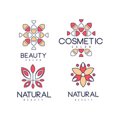 Poster - Vector emblems for beauty salon in linear style. Geometric emblems with abstract ornaments and text. Labels for natural cosmetics products