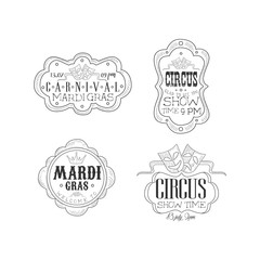 Poster - Vector set of black and white emblems for circus and Mardi Gras carnival. Hand drawn logos with masks, crown and text in vintage frames