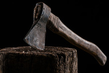  Close Up View Of Vintage Axe On Wooden Stump Isolated On Black