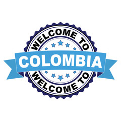 Sticker - Welcome to Colombia blue black rubber stamp illustration vector on white background