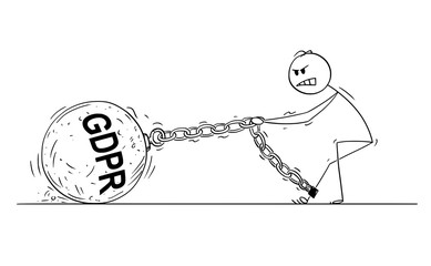 Wall Mural - Cartoon stick drawing conceptual illustration of man or businessman pulling hard big Iron ball chained to his leg. Business concept of GDPR or data protection regulation.