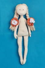 Handmade Doll Without Clothes. The Base Of The Doll Is Made Of Fabric. Doll For Interior With Pigtails. A Gift To The Girl.