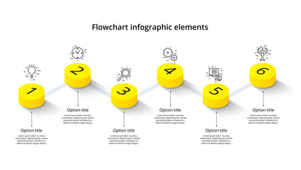 Wall Mural - Business process chart infographics with 6 step segments. Isometric 3d corporate timeline infograph elements. Company presentation slide template. Modern vector info graphic layout design.