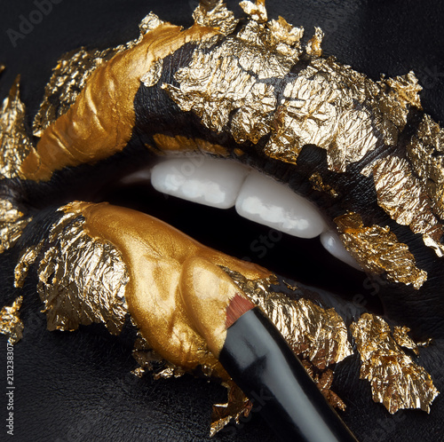 Fotografering Macro and close-up creative make-up theme: beautiful female lips with black leat