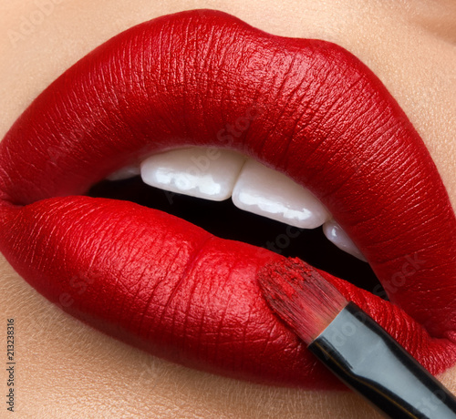 Cuadros en Lienzo Macro and close-up creative make-up theme: beautiful female lips with red lipsti