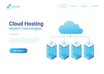 Poster - isometric flat data hosting servers connected to cloud vector
