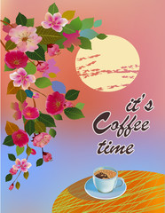 Canvas Print - Banner spring leaves blooming cherry blossom. Coffee on the table in the spring. Time to drink coffee.