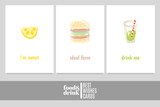 Fototapeta  - Greeting cards with lemon, hamburger and soda with inscriptions: 