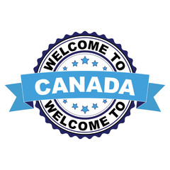 Sticker - Welcome to Canada blue black rubber stamp illustration vector on white background