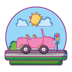 Wall Mural - cute car and traffic lights in the landscape