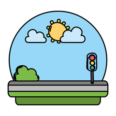 Wall Mural - color traffic lights in the road with sun and clouds