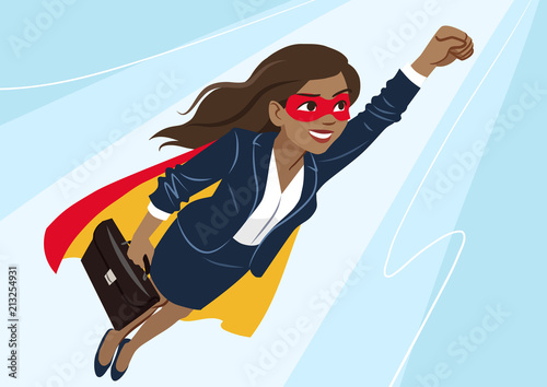 Cuadros en Lienzo Young African-American superhero woman wearing business suit and cape, flying through air in superhero pose, on aqua background