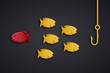 School of fish and fishing hook think different vector illustration