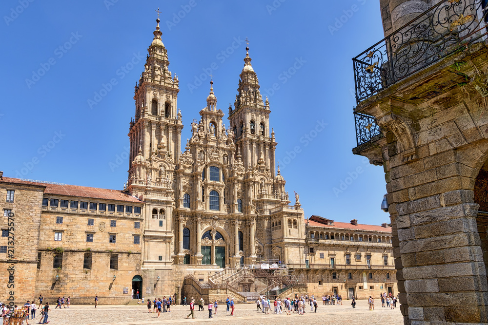 Santiago de Compostela cathedral in Obradoiro square. - obrazy, fototapety, plakaty 