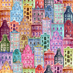  Seamless pattern of watercolor old europe houses