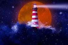 A Beautiful Night Sky Behind A Shining Lighthouse. Splashes Of Water, Abstract Background, Rays Of Light