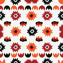 Boho Black Red Floral, Seamless Vector Pattern, Hand Drawn Folk Style Flower Illustration For Trendy Fashion Prints, Wallpaper, Stationery, Elegant Home Decor, Gift Wrap & 70s Orange Retro Backgrounds