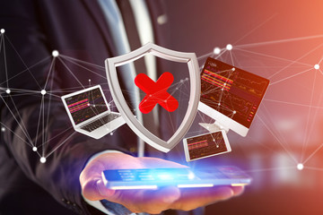 Poster - Hacked shield symbol surrounded by devices and network displayed on a futuristic interface