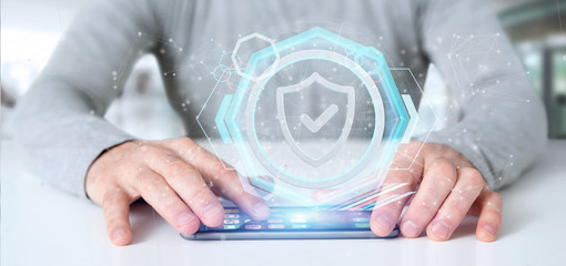 Poster - Man holding a Shield web security concept 3d rendering