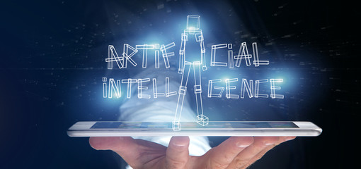 Poster - Businessman holding an artificial inteligence robot made of light 3d rendering