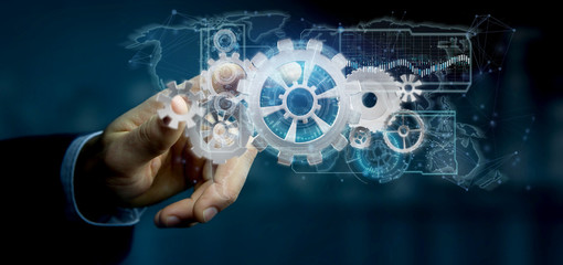 Poster - man holding a technology gear wheel interface3d rendering