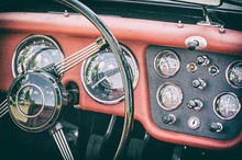 Steering Wheel And Dashboard In Historic Vintage Car