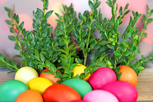 Easter Eggs On Wooden Background