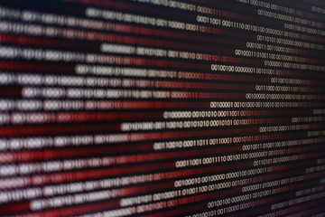 Aufkleber - blocks of binary data. Blockchain concept. red background with computer digital binary code bit number one and zero text. computer problems concept.