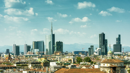 Wall Mural - Milan skyline with Porto Nuovo skyscrapers, panorama of city under blue sky