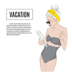 Wall Mural - Vector fashion model woman in swimsuit reading magazine. Summer vacation trendy drawing. Casual glamour artwork. City outfit poster with hot girl