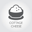 Cottage cheese glyph icon. Dairy product in bowl black flat label. Natural healthy diet food logo. Milk ingredient pictogram. Vector illustration for cooking theme