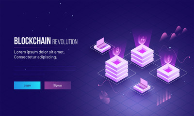 Canvas Print - Blockchain revolution or cryptocurrency based isometric view of glowing block servers linked to each other for responsive landing page design.