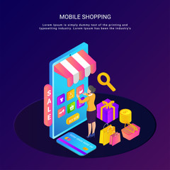 Wall Mural - Isometric shopping from mobile concept with a woman selecting items for purchase.