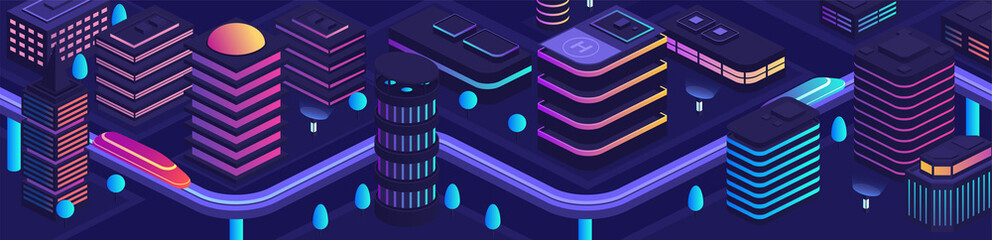 Smart city in a futuristic style, a city of the future. Business center, housing urban buildings with skyscrapers, modern urban transport skyway, data transmission technologies throughout the city.