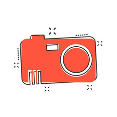 Vector cartoon photo camera icon in comic style. Photographer cam sign illustration pictogram. Camera business splash effect concept.