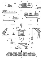 Global cargo logistics concept. Sea delivery with freight ships, port and freight cranes. Rail transportation. Flat infographics. Linear illustration.